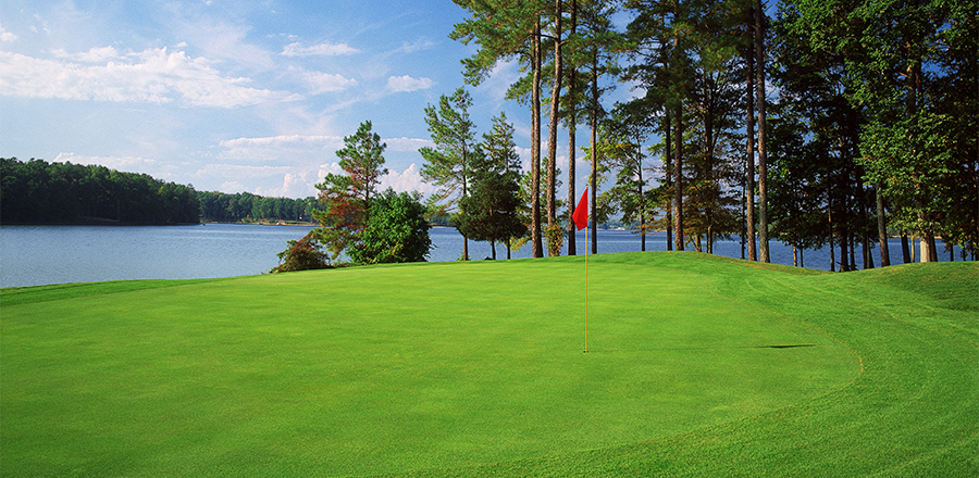 Golf course green with trees and water